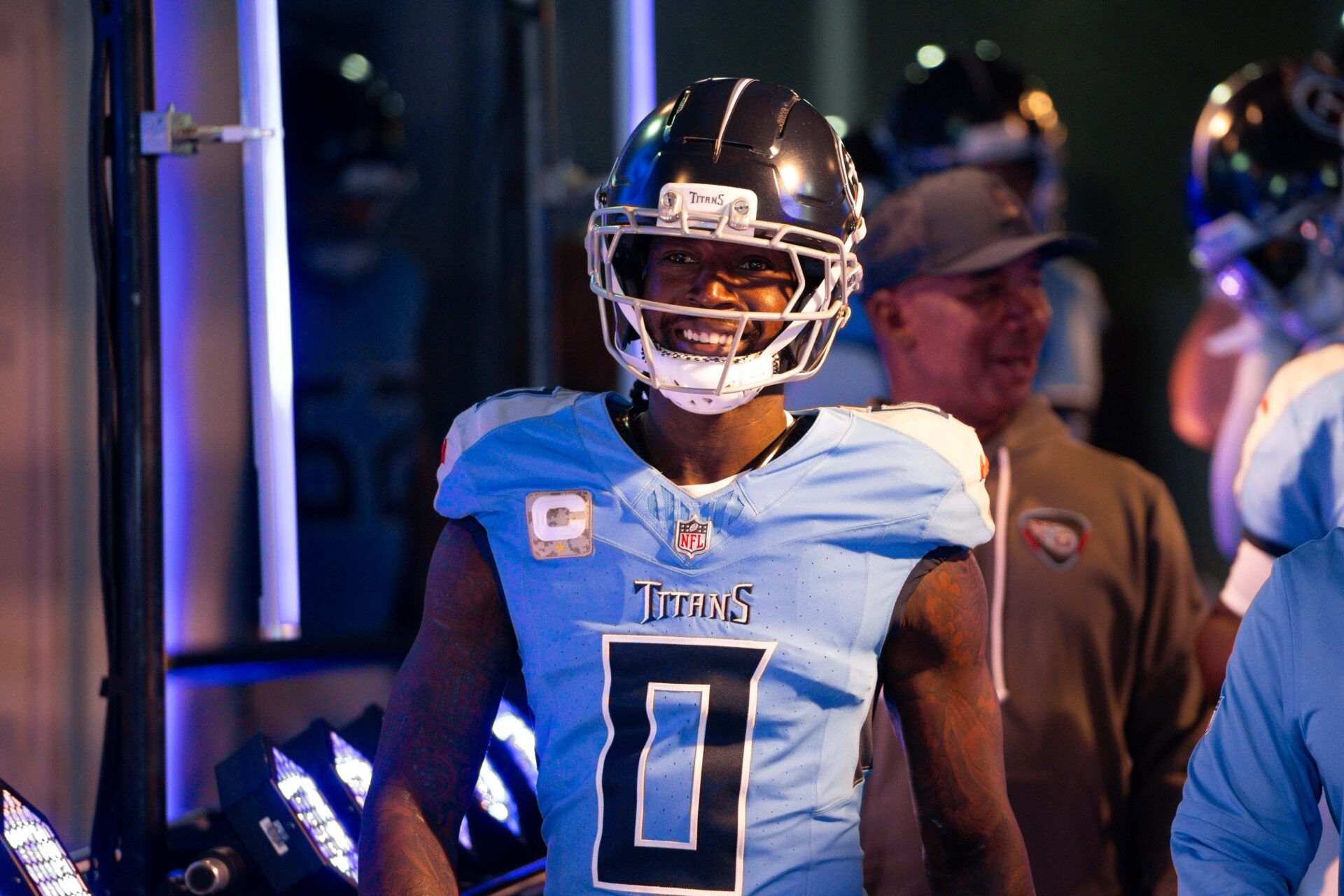 Tennessee Titans wide receiver Calvin Ridley (0) takes the field against the Houston Texans during pre-game warmups at Nissan Stadium.
