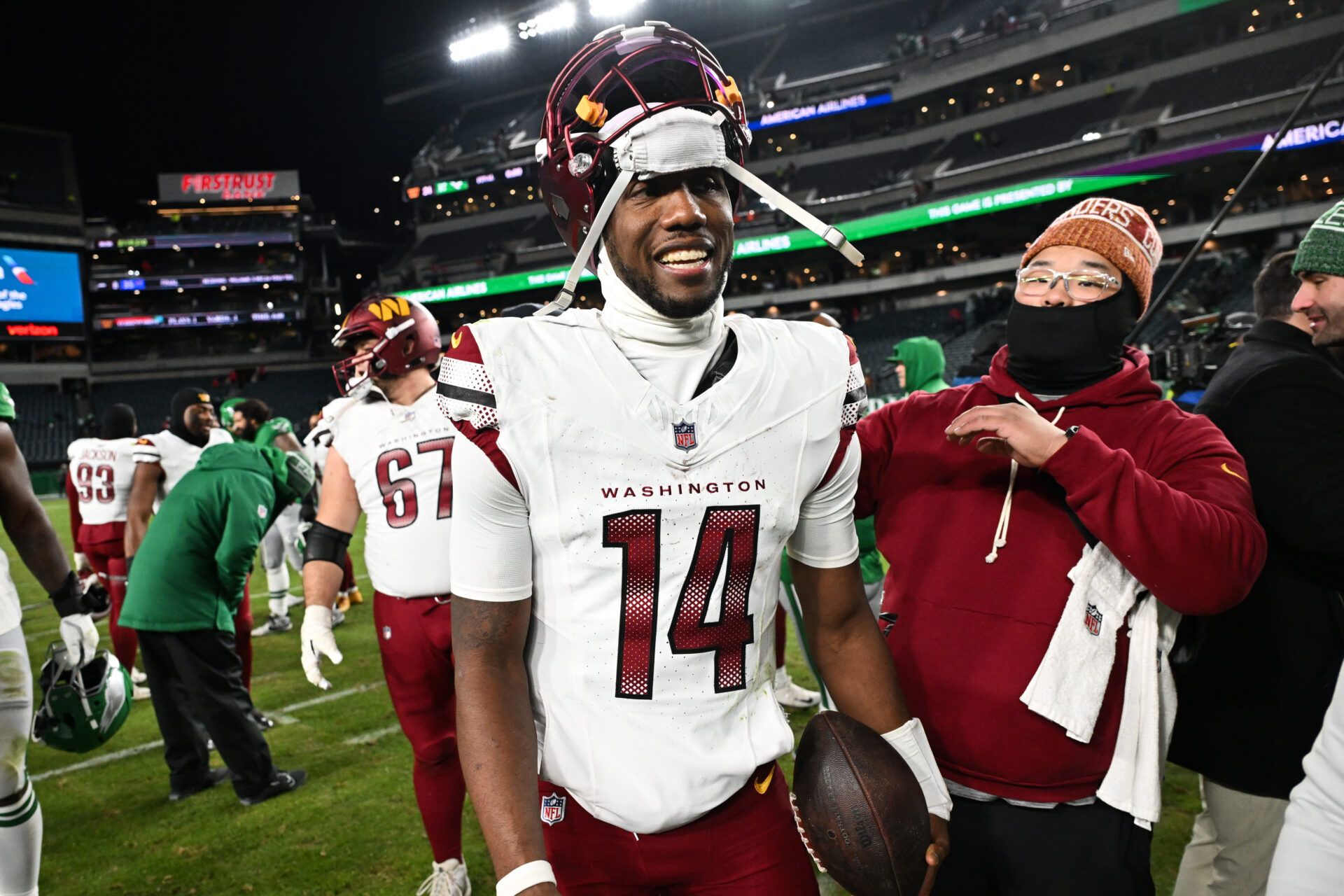 Washington Commanders quarterback Josh Johnson (14) looks on after the game against the Philadelphia Eagles at Lincoln Financial Field.