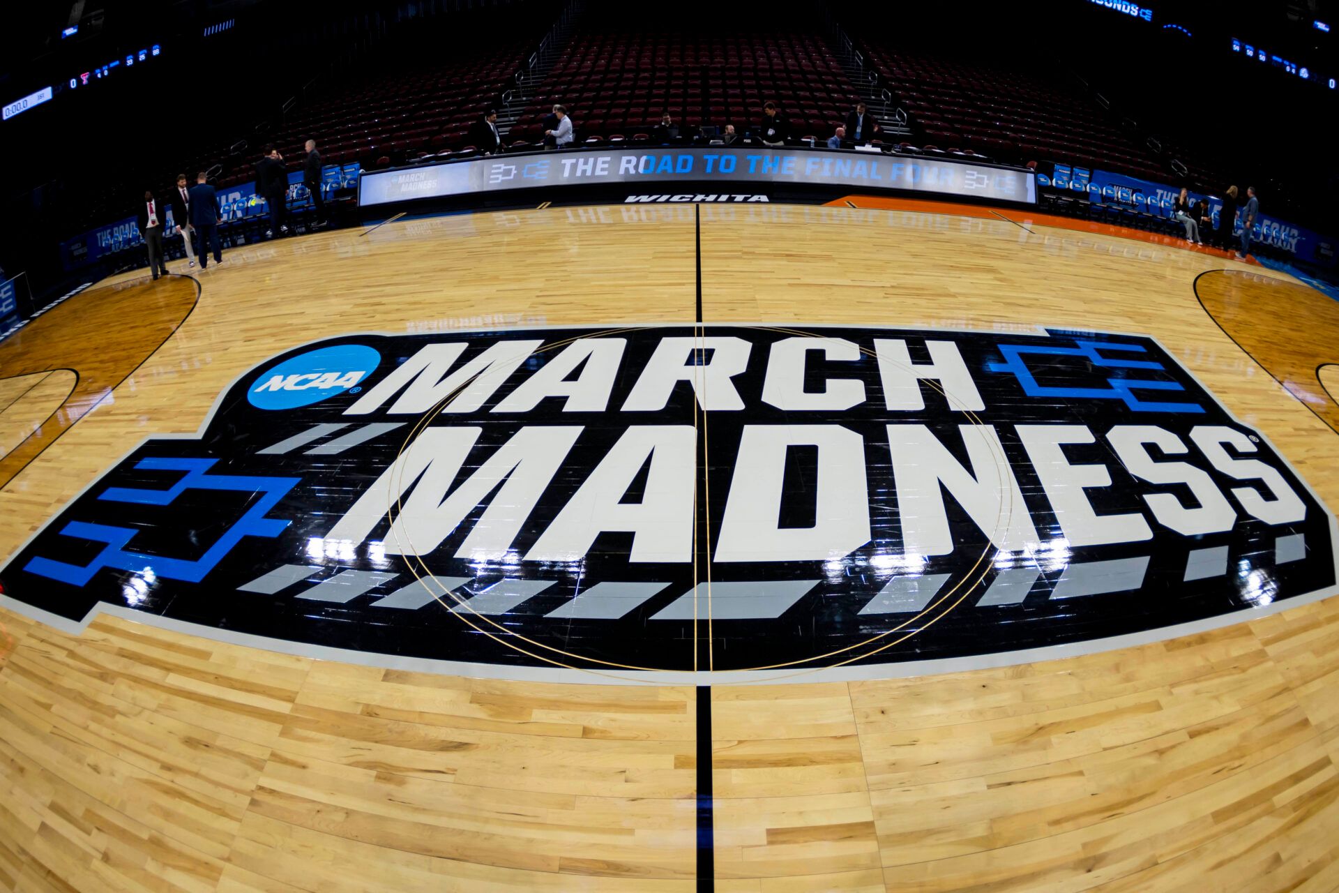 A general view of a March Madness logo at center court before the game between the Texas Tech Red Raiders and the Drake Bulldogs at Intrust Bank Arena.