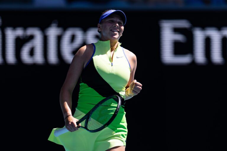 Amanda Anisimova of United States in action against Katerina Siniakova of Czech Republic in the second round of the women’s singles at the Australian Open at Margaret Court Arena in Melbourne Park.