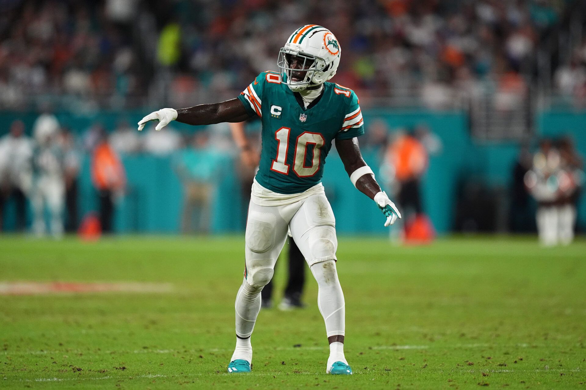 Miami Dolphins wide receiver Tyreek Hill (10) lines up prior to a play during the second half against the Buffalo Bills at Hard Rock Stadium.