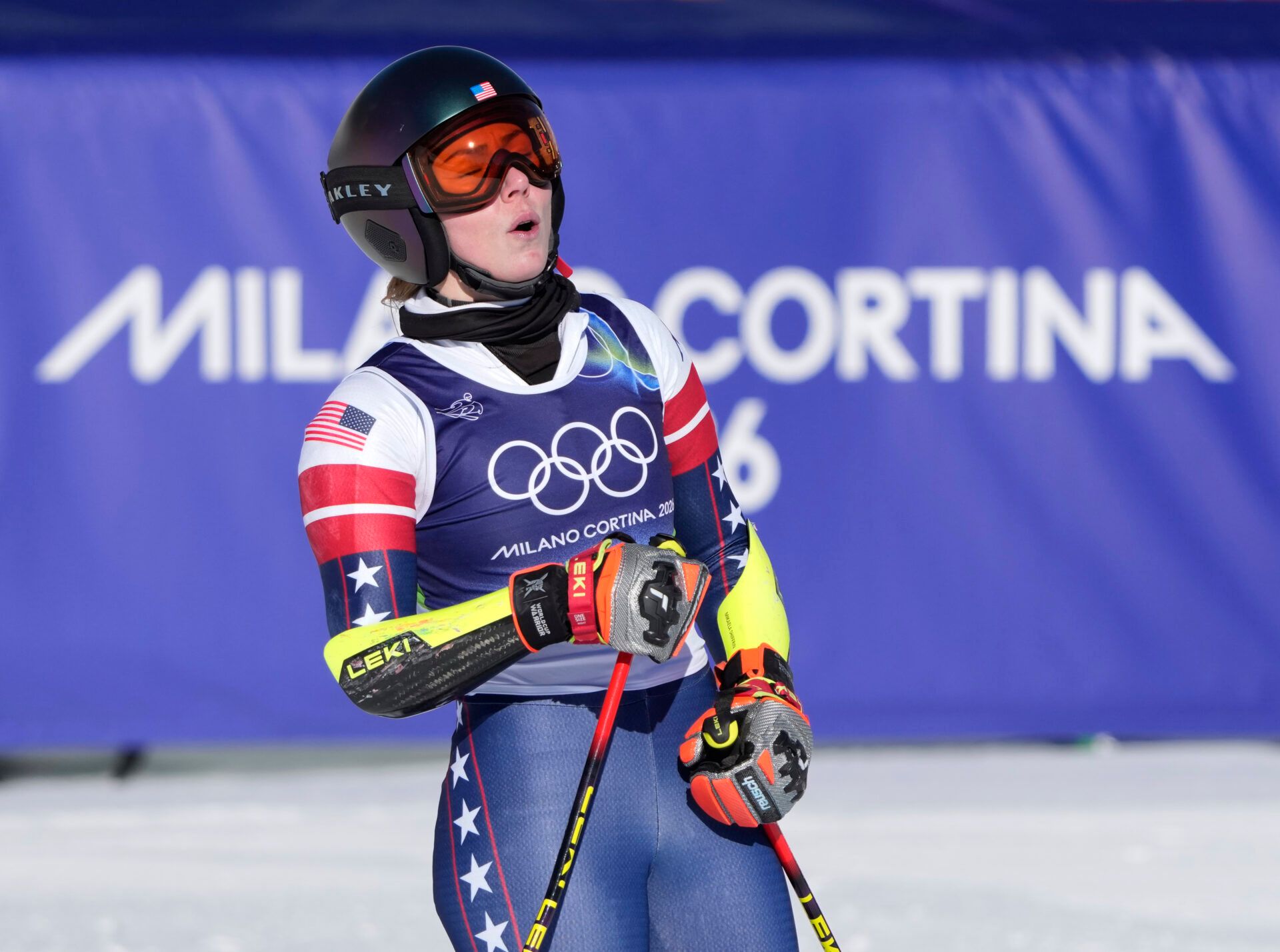 Mikaela Shiffrin of the United States reacts after the second run of the women's alpine skiing giant slalom during the Milano Cortina 2026 Olympic Winter Games at Tofane Alpine Skiing Centre.