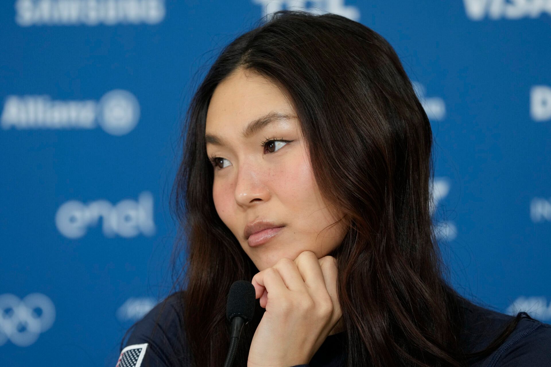 United States snowboarder Chloe Kim talks to the media during a press conference during the Milano Cortina 2026 Olympic Winter Games at Livigno Snow Park.