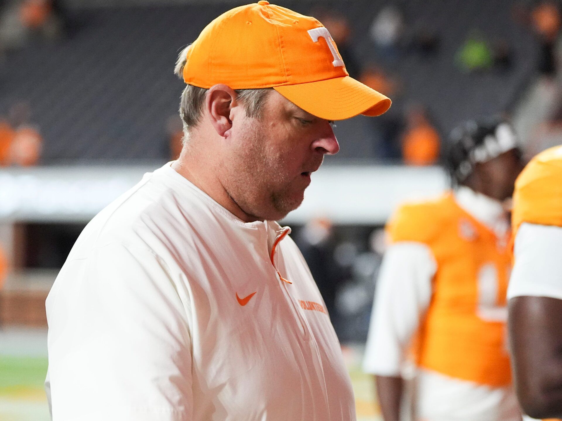 Tennessee football coach Josh Heupel walk towards the locker room after the loss to Vanderbilt in an NCAA college football game on Nov. 29, 2025, in Knoxville, Tennessee. NCAA college football game between Vanderbilt and Tennessee on Nov. 29, 2025, in Knoxville, Tennessee.