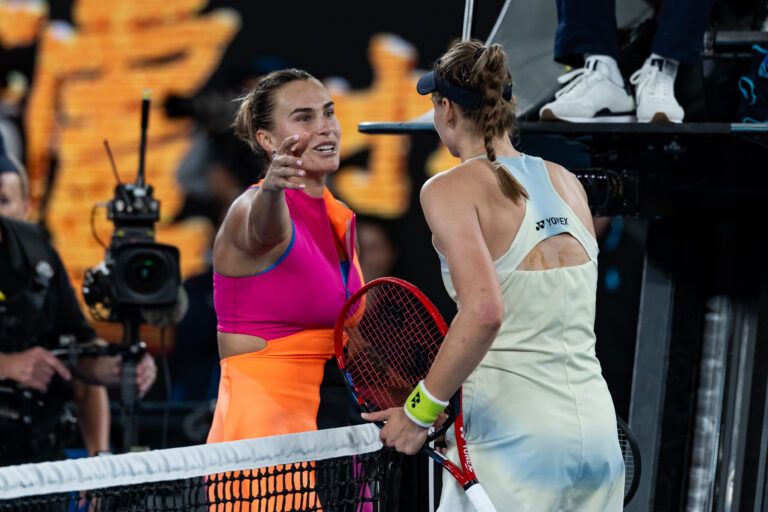 Elena Rybakina of Kazakhstan celebrates her victory over  Aryna Sabalenka in the final of the womens singles at the Australian Open at Rod Laver Arena in Melbourne Park.