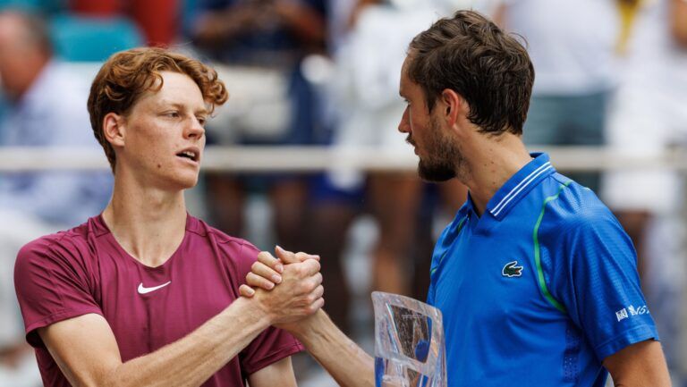 Daniil Medvedev (R) shakes hands with Jannik Sinner (ITA) at the end end the trophy presentation after their men’s singles final of the Miami Open at Hard Rock Stadium.