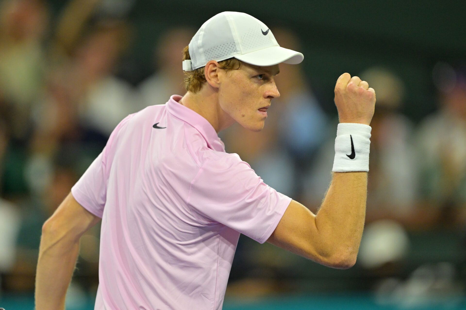 Jannik Sinner (ITA) reacts after defeating Joao Fonseca (BRA) in the fourth round of the BNP Paribas Open at the Indian Wells Tennis Garden.