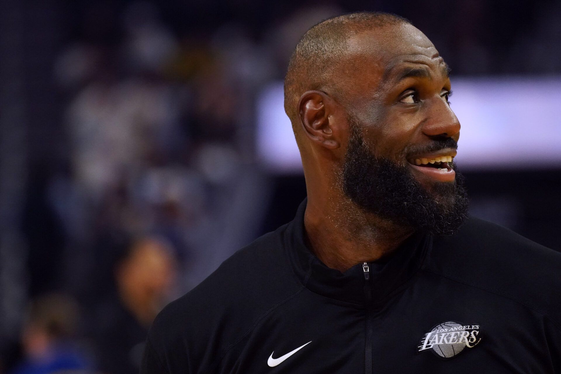 Los Angeles Lakers forward LeBron James (23) smiles during warm ups before a game against the Golden State Warriors at Chase Center.