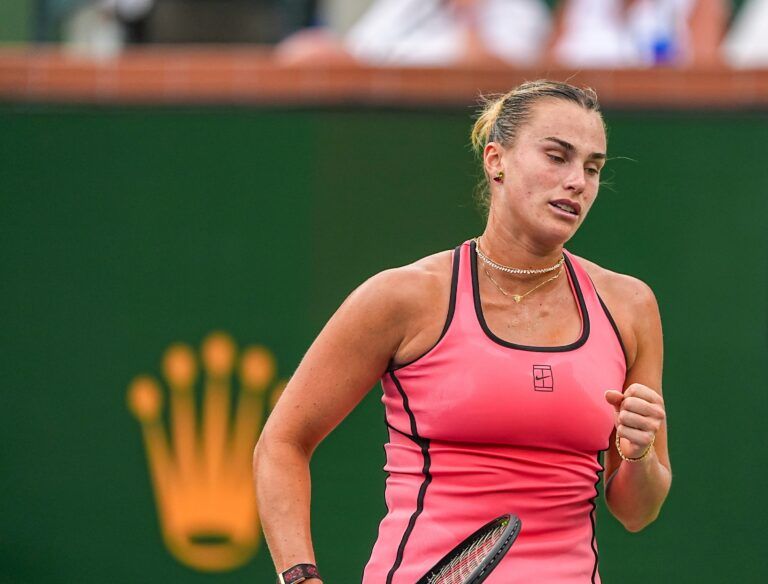 Aryna Sabalenka celebrates a point over Linda Noskova during their semifinal match at the BNP Paribas Open in Indian Wells, Calif., Friday, March 13, 2026.