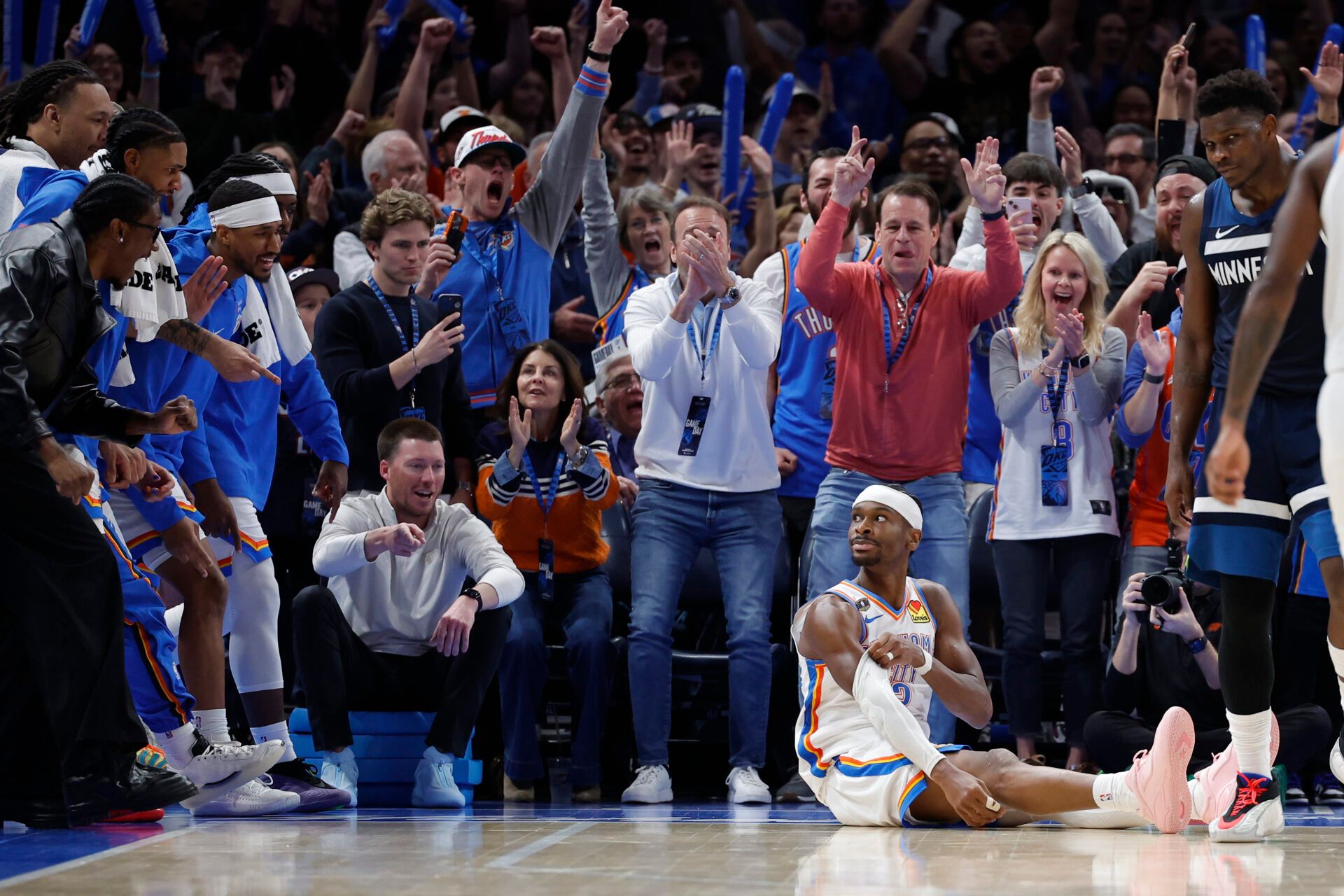 Oklahoma City Thunder guard Shai Gilgeous-Alexander (2) looks up at his teammates after scoring against the Minnesota Timberwolves during the second half at Paycom Center.