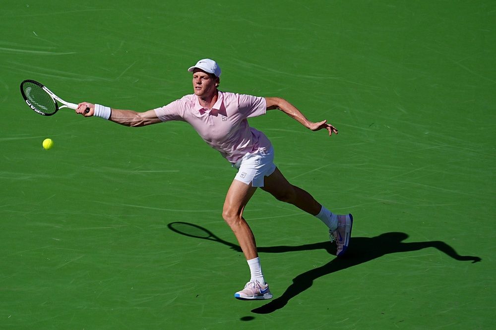 Jannik Sinner runs down a return to Daniil Medvedev during the BNP Paribas Open championship match at the Indian Wells Tennis Garden in Indian Wells, Calif., on Sunday, March 15, 2026.