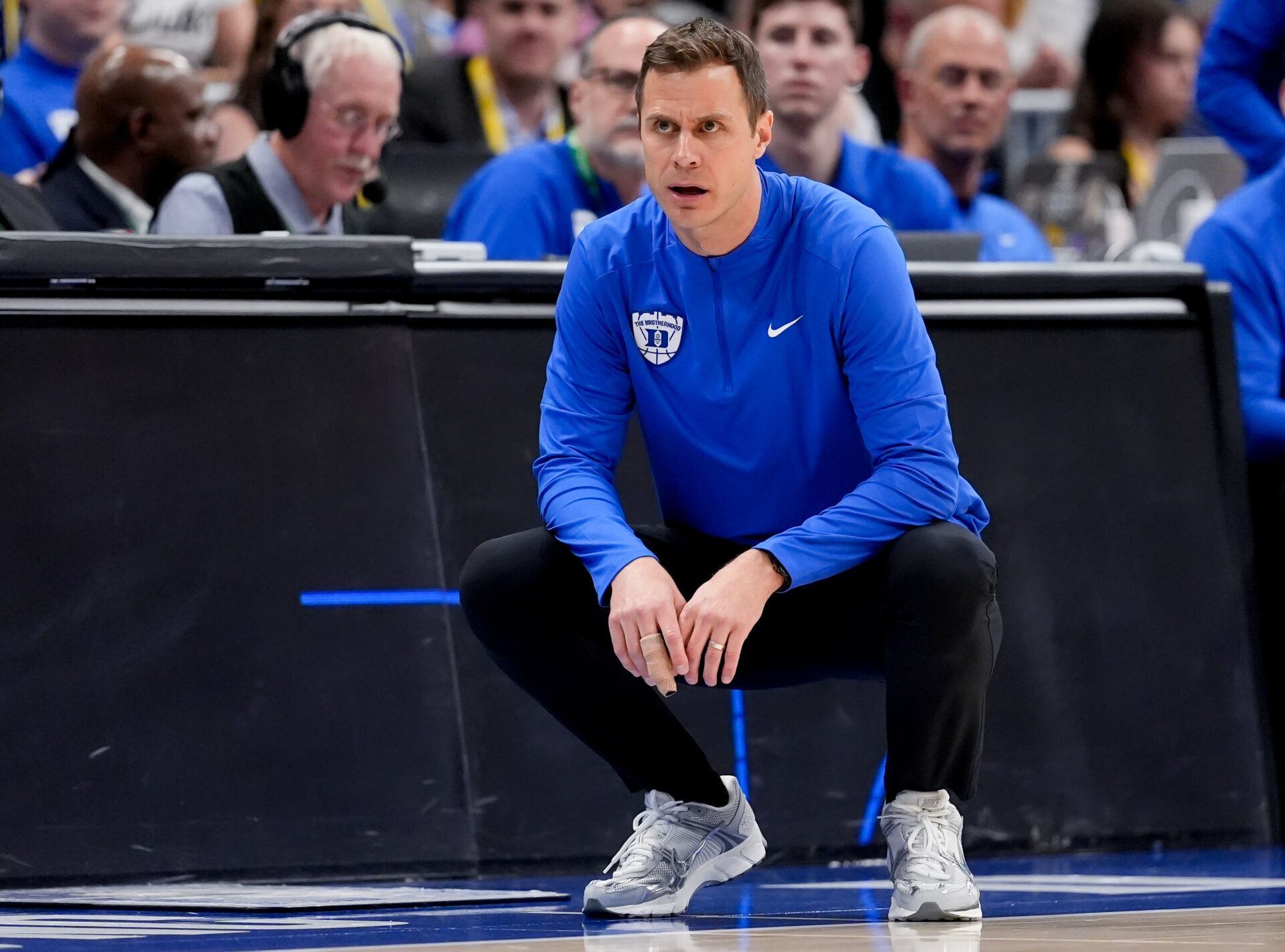 Duke Blue Devils head coach Jon Scheyer looks on against the Virginia Cavaliers during the men's ACC Conference Tournament Championship at Spectrum Center.