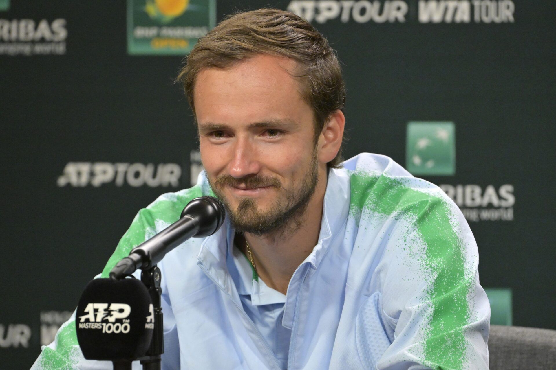 Daniil Medvedev (RUS) talks to the media during a news conference for the BNP Paribas Open at the Indian Well Tennis Garden.