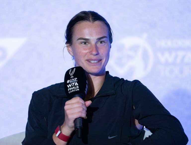Aryna Sabalenka (BLR) in her press conference after her match against Iga Swiatek (POL) on day eight of the GNP Saguaros WTA Finals Cancun.