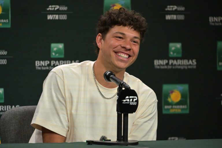 Ben Shelton (USA) speaks to the media at a news conference during the BNP Paribas Open at the Indian Wells Tennis Garden.
