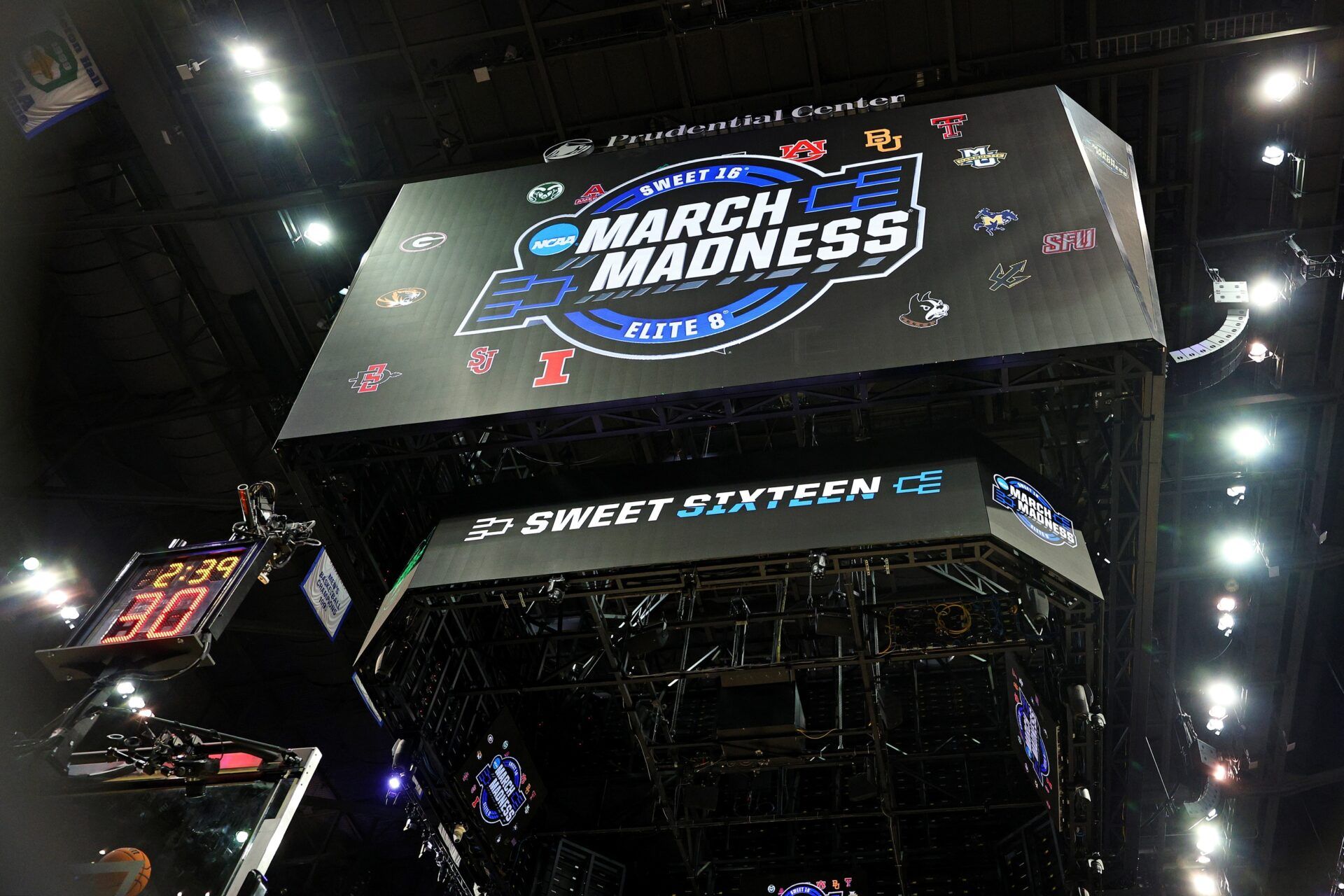A view of March Madness signage and the court before  an East Regional semifinal of the 2025 NCAA tournament between the Alabama Crimson Tide and the Brigham Young Cougars at Prudential Center.
