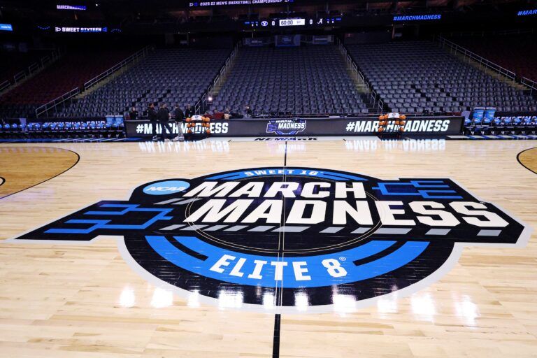 A view of March Madness signage and the court before  an East Regional semifinal of the 2025 NCAA tournament between the Alabama Crimson Tide and the Brigham Young Cougars at Prudential Center.