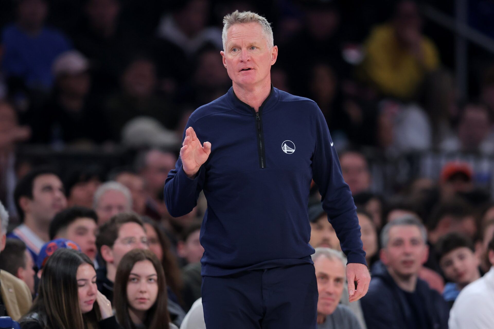 Golden State Warriors head coach Steve Kerr coaches against the New York Knicks during the first quarter at Madison Square Garden.