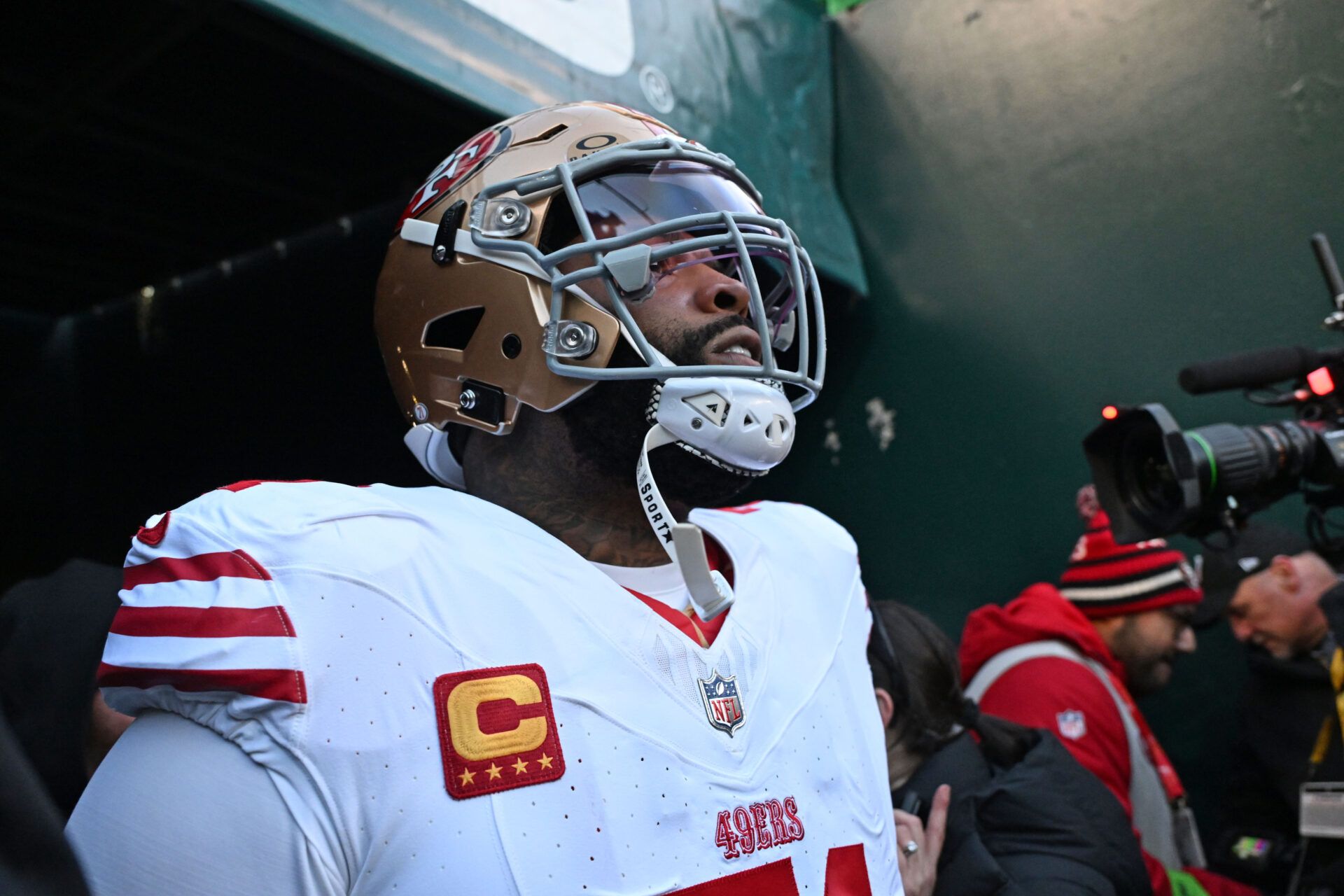 San Francisco 49ers offensive tackle Trent Williams (71) waits outside the tunnel before game against the Philadelphia Eagles in an NFC Wild Card Round game at Lincoln Financial Field.