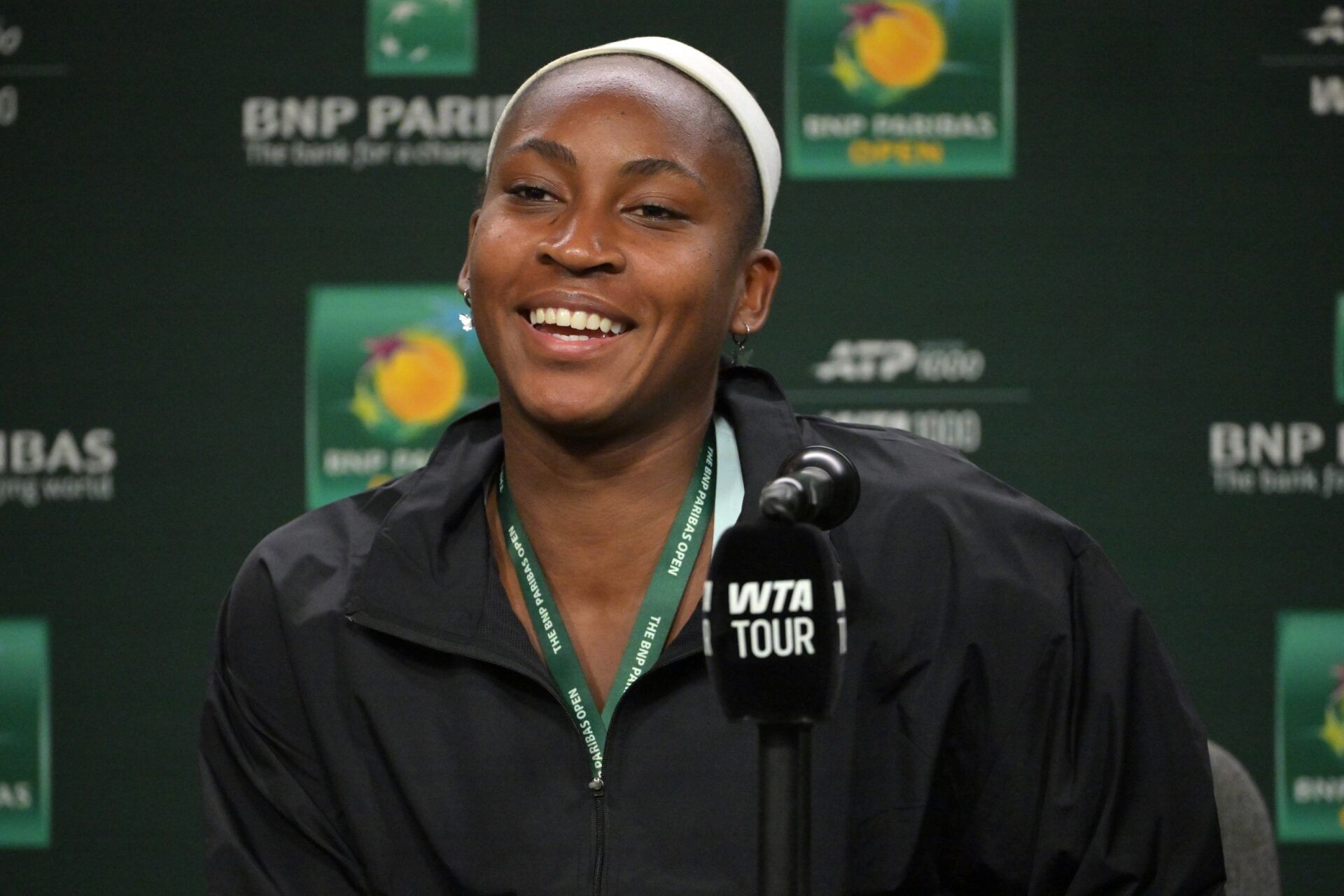 Coco Gauff (USA) speaks to the media at a news conference during the BNP Paribas Open at the Indian Wells Tennis Garden.