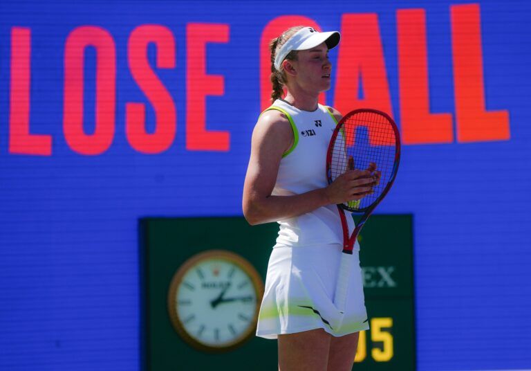Elena Rybakina reacts to a missed shot during her loss to Aryna Sabalenka at the BNP Paribas Open in Indian Wells, Calif., March 15, 2026.