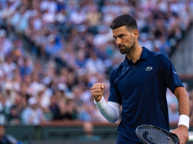 Novak Djokovic celebrates a hard-fought point over Jack Draper in the first set of their fourth-round match at the BNP Paribas Open in Indian Wells, Calif., Wednesday, March 11, 2026.