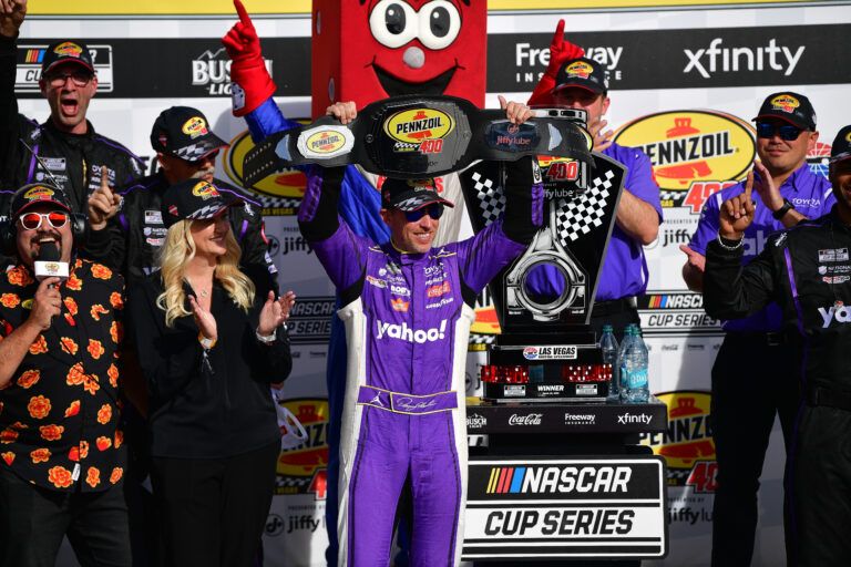 Joe Gibbs Racing driver Denny Hamlin (11) celebrates his victory following the Pennzoil 400 at Las Vegas Motor Speedway.