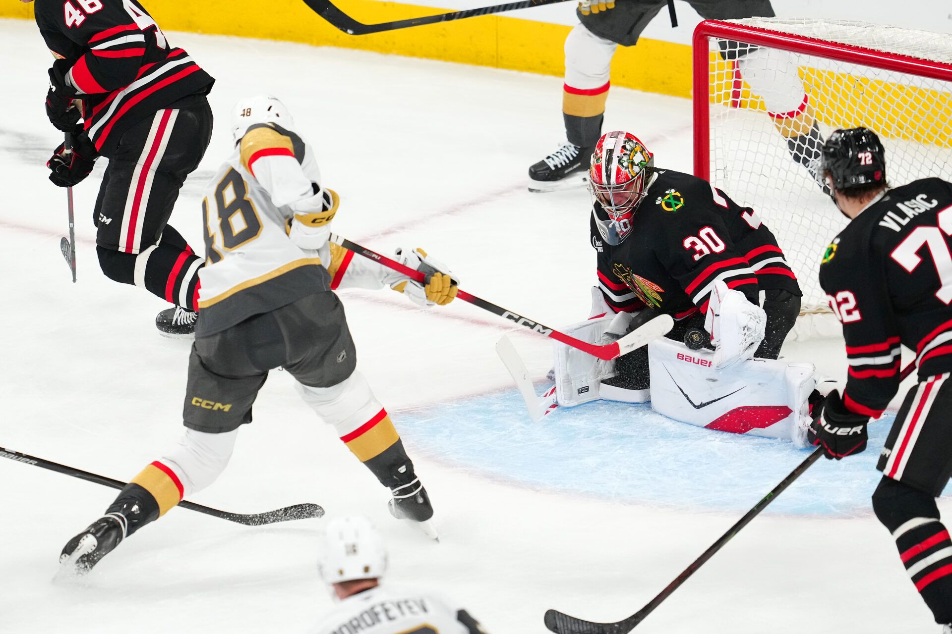 Chicago Blackhawks goaltender Spencer Knight (30) at T-Mobile Arena.