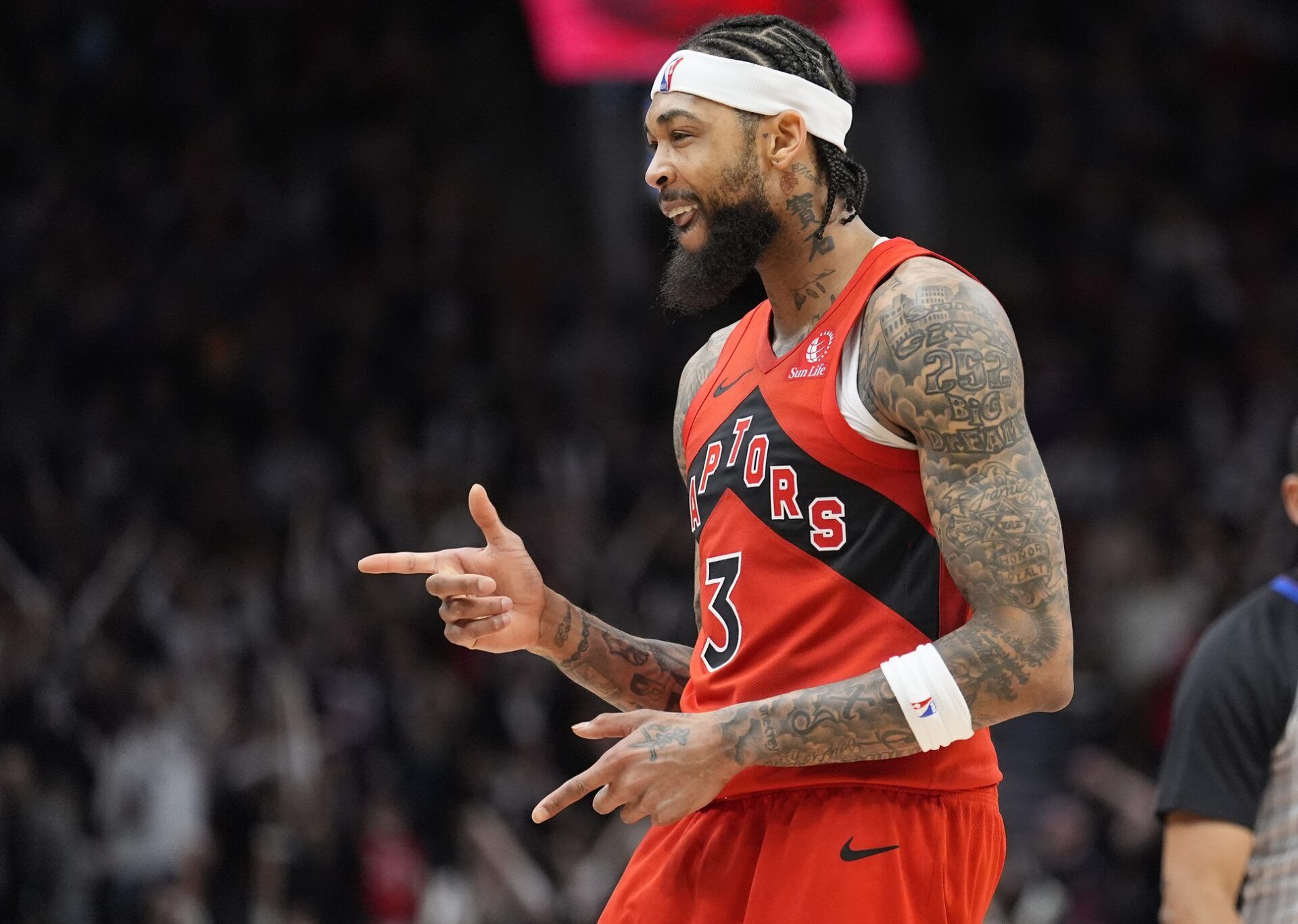 Toronto Raptors forward Brandon Ingram (3) celebrates making a three point basket against the Detroit Pistons during the second half at Scotiabank Arena.