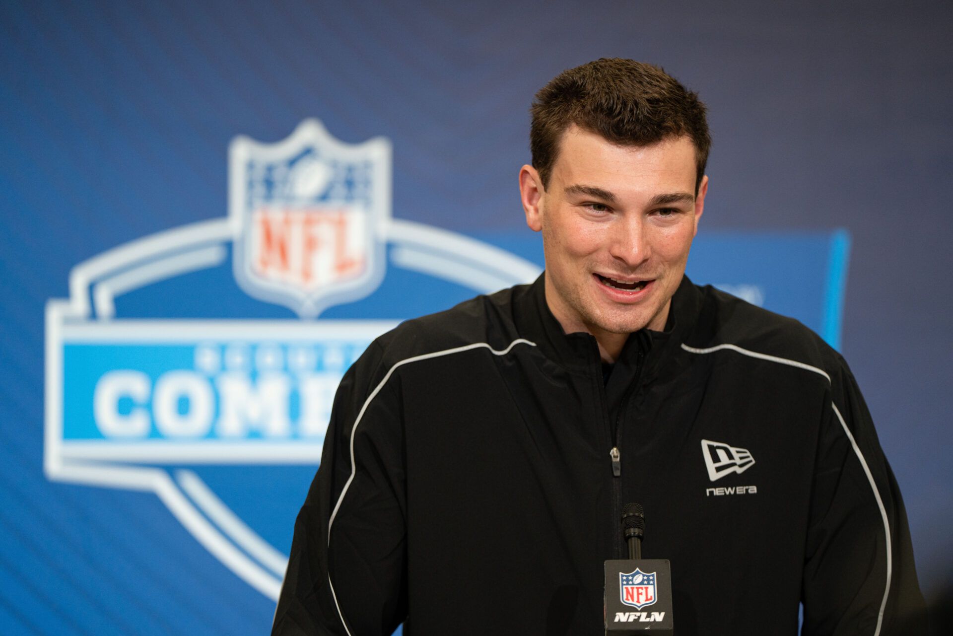 Indiana quarterback Fernando Mendoza (QB11) speaks to members of the media during the NFL Combine at the Indiana Convention Center.