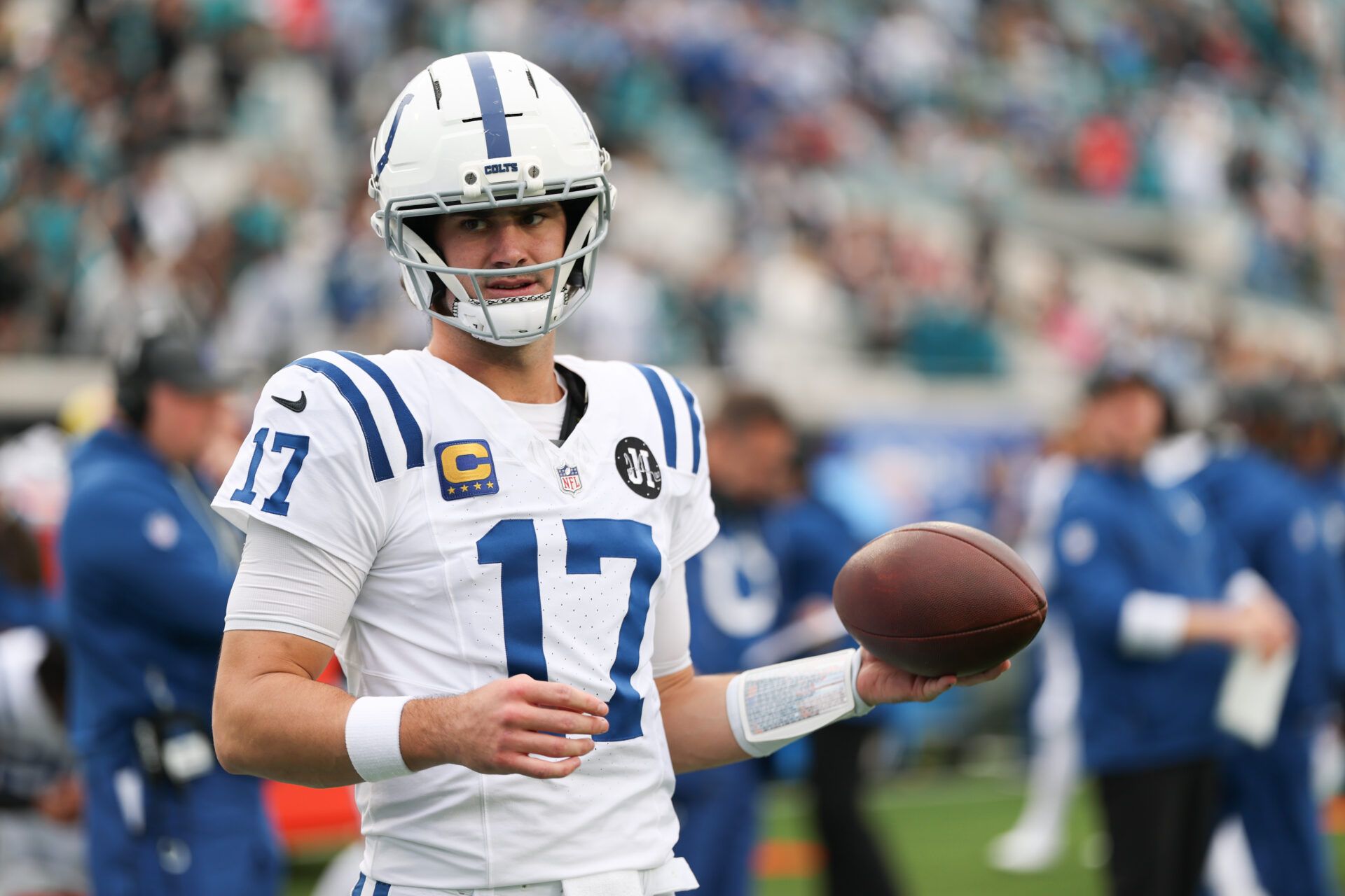 Indianapolis Colts quarterback Daniel Jones (17) stands on the field prior to a game against the Jacksonville Jaguars at EverBank Stadium.