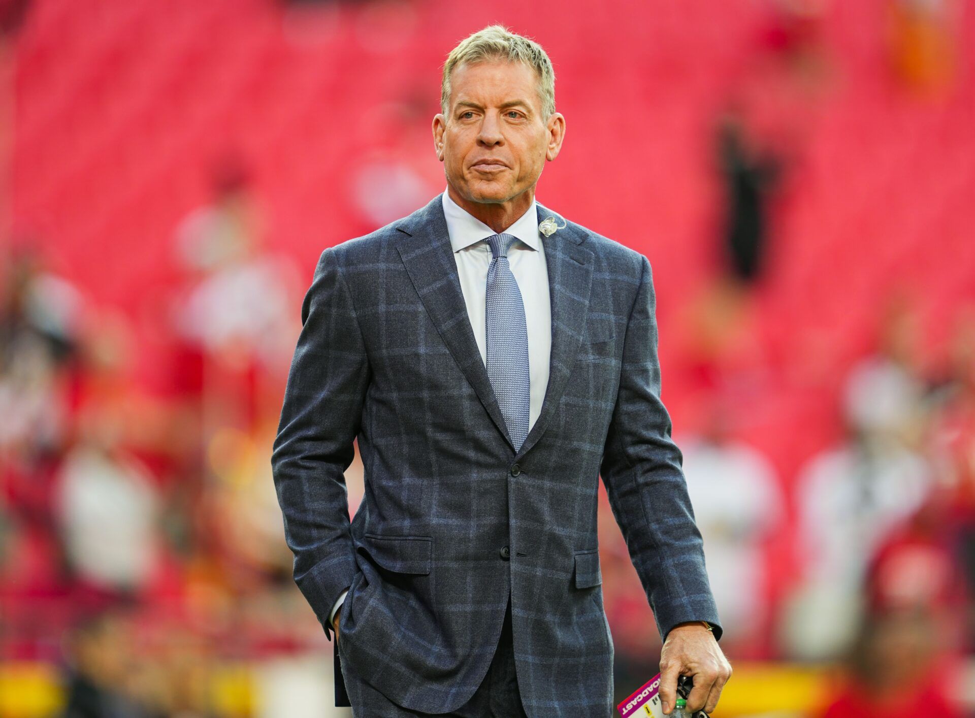 NFL hall of fame Troy Aikman prior to a game between the New Orleans Saints and the Kansas City Chiefs at GEHA Field at Arrowhead Stadium.