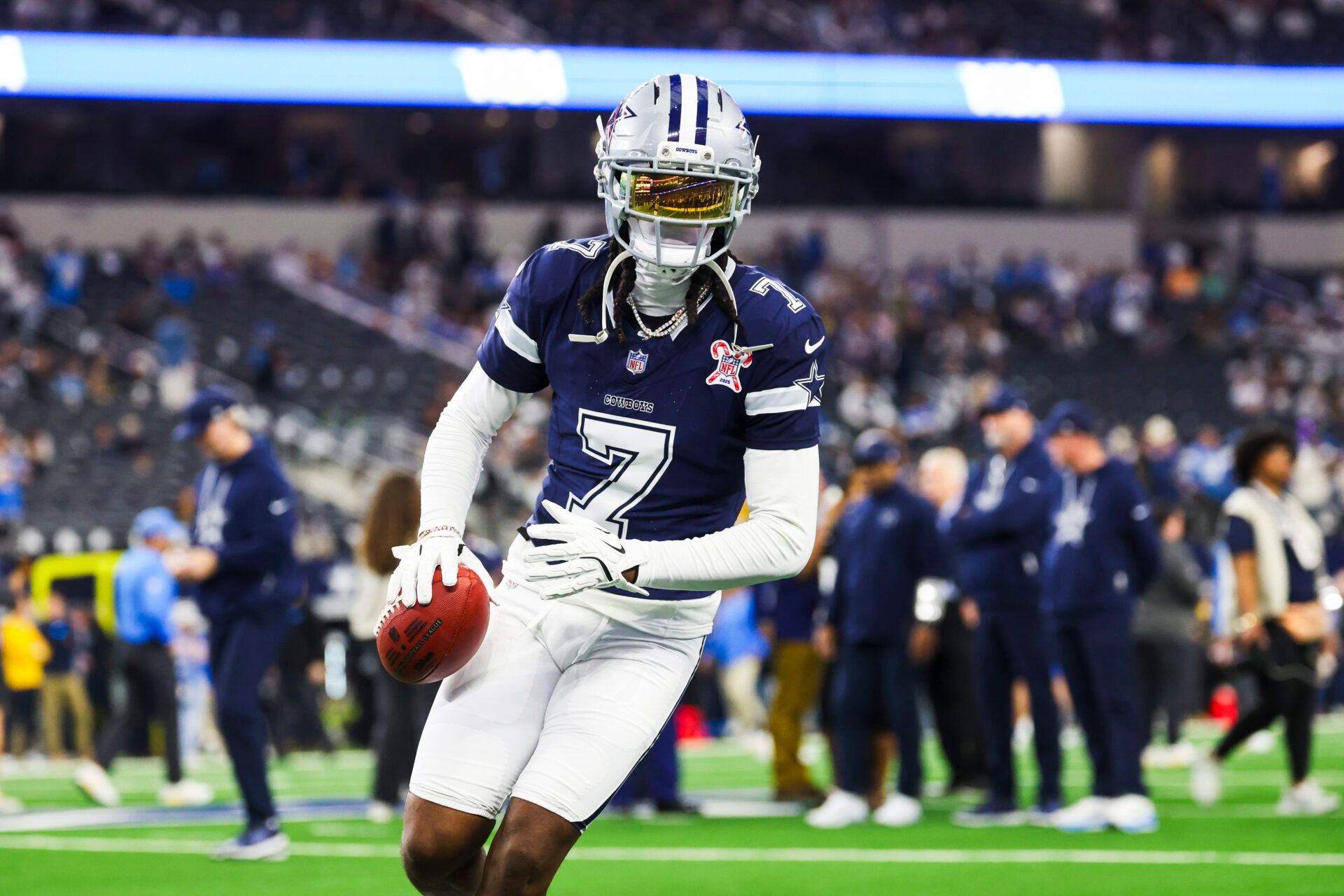 Dallas Cowboys cornerback Trevon Diggs (7) participates in pregame warmups against the Los Angeles Chargers at AT&T Stadium.
