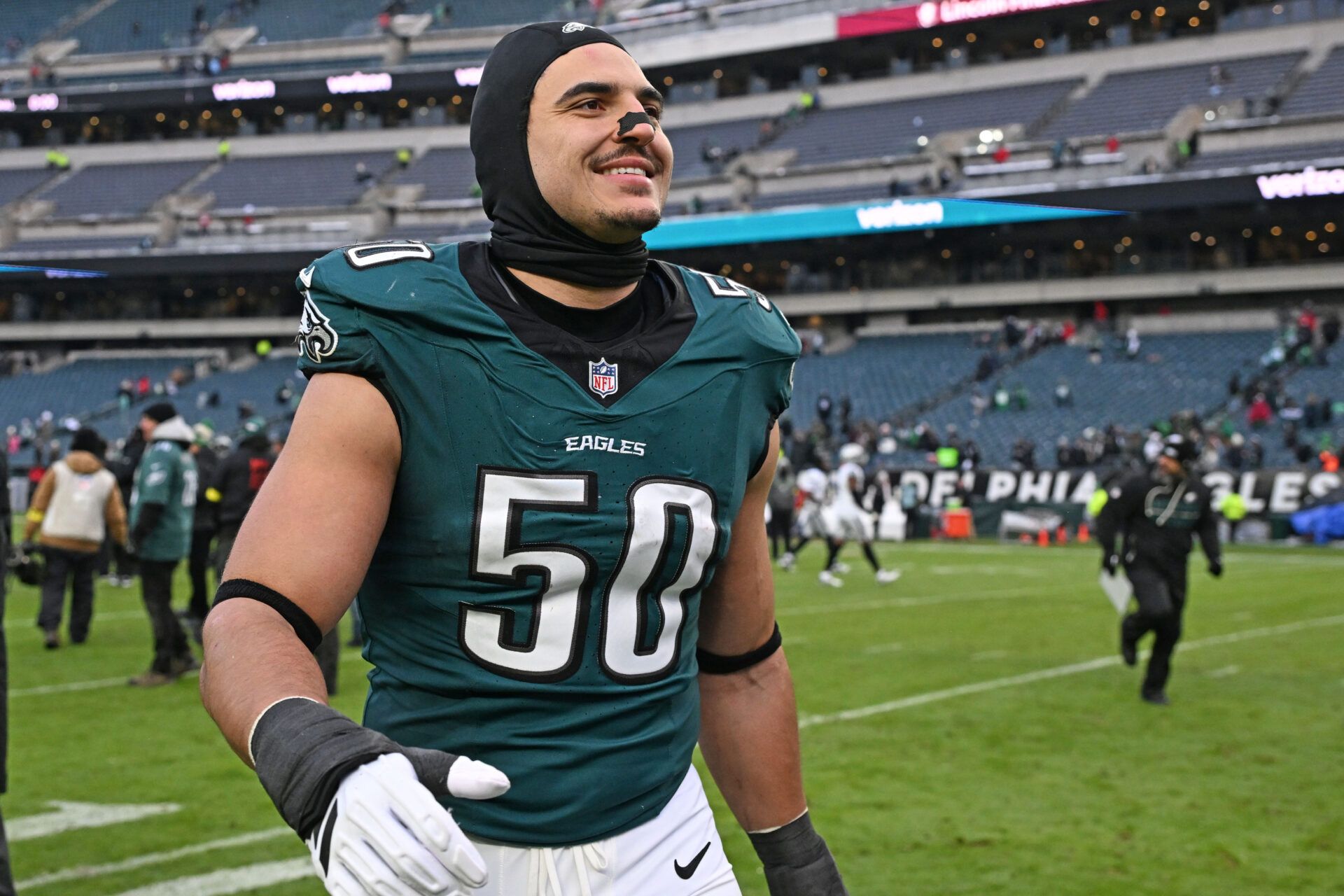 Philadelphia Eagles linebacker Jaelan Phillips (50) walks off the field after win against the Las Vegas Raiders at Lincoln Financial Field.