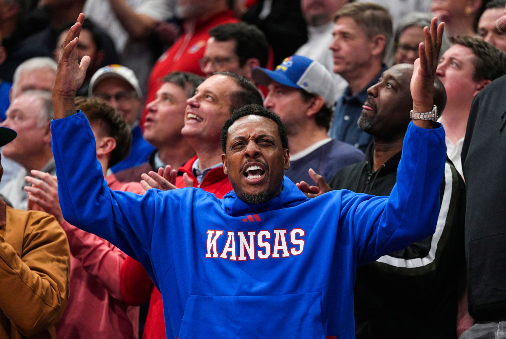 Former Kansas Jayhawk Paul Pierce rallies the crowd during the first half against the BYU Cougars at Allen Fieldhouse.