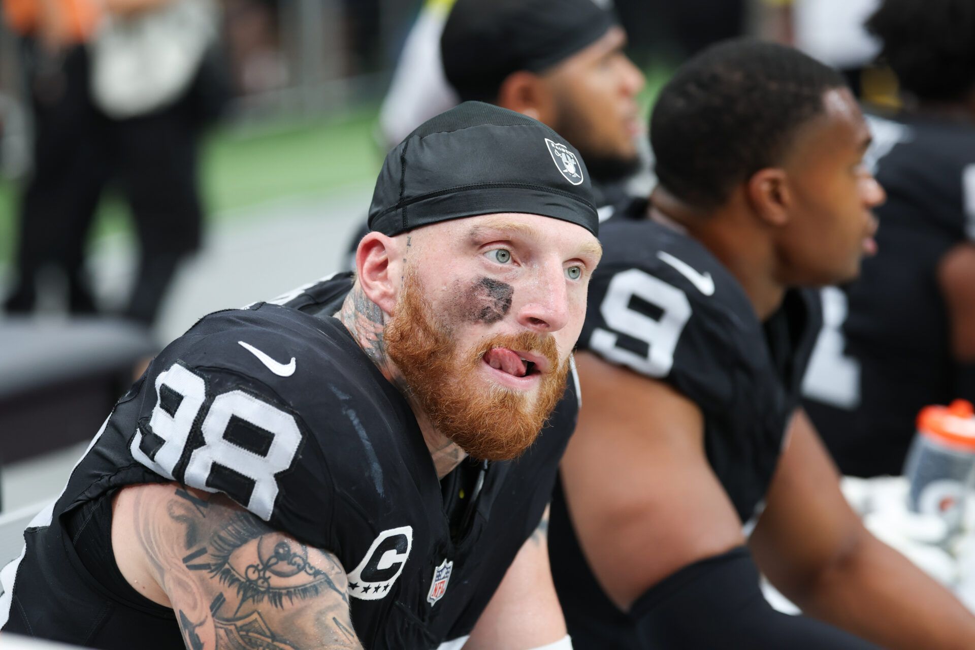Las Vegas Raiders defensive end Maxx Crosby (98) looks on from the sideline during the first quarter against the Chicago Bears at Allegiant Stadium.