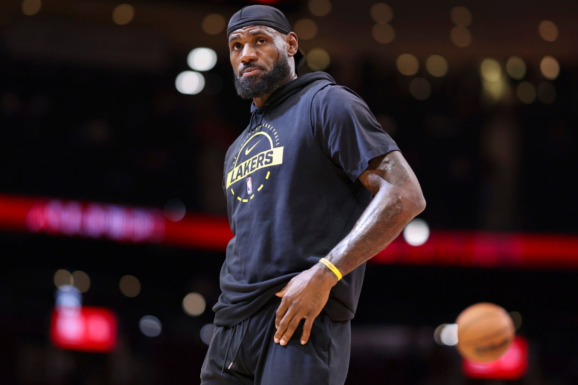 Los Angeles Lakers forward LeBron James (23) warms up before the game against the Houston Rockets at Toyota Center.