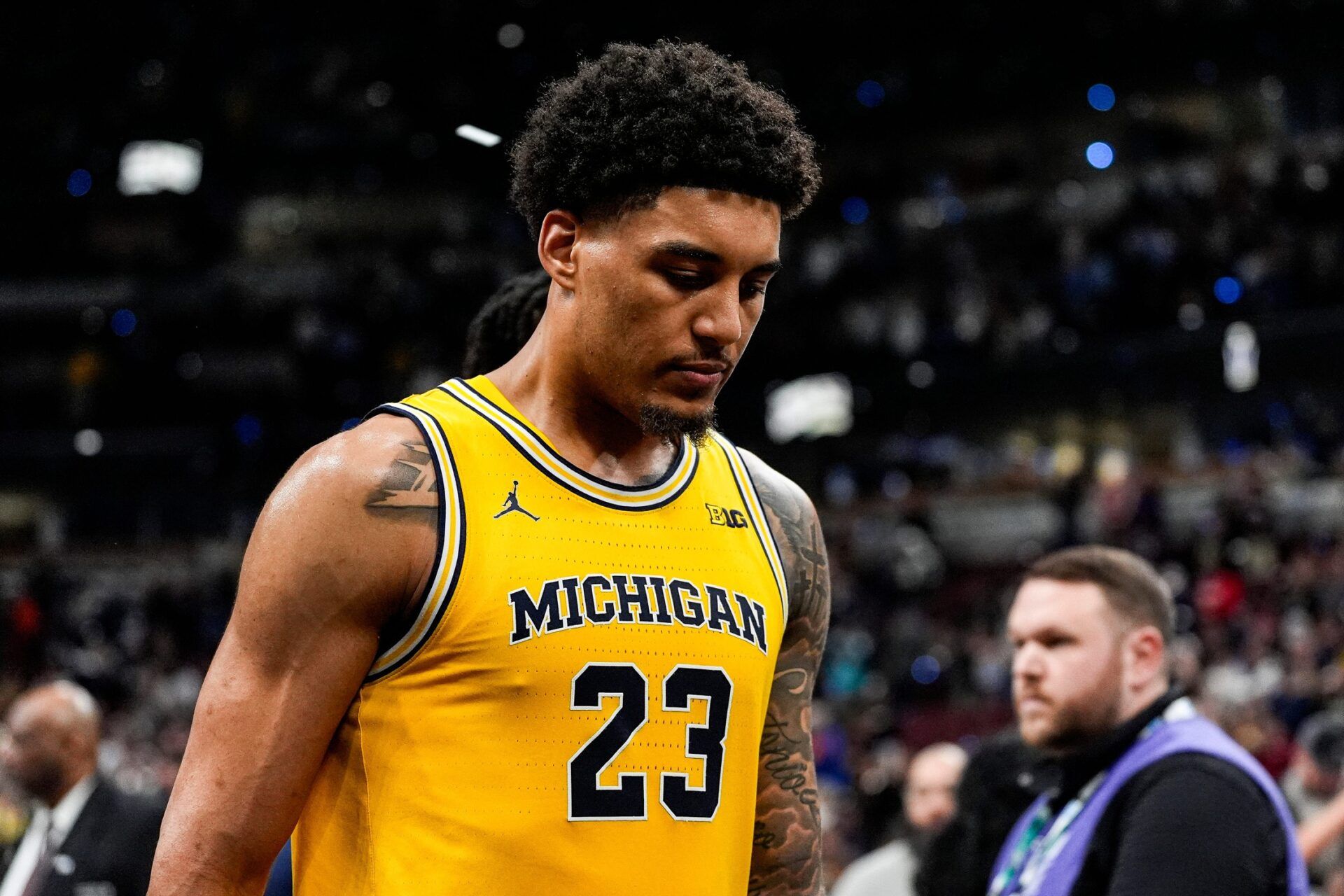Michigan forward Yaxel Lendeborg (23) walks off the court after 80-72 loss to Purdue at the Big Ten Tournament final at United Center in Chicago on Sunday, March 15, 2026.
