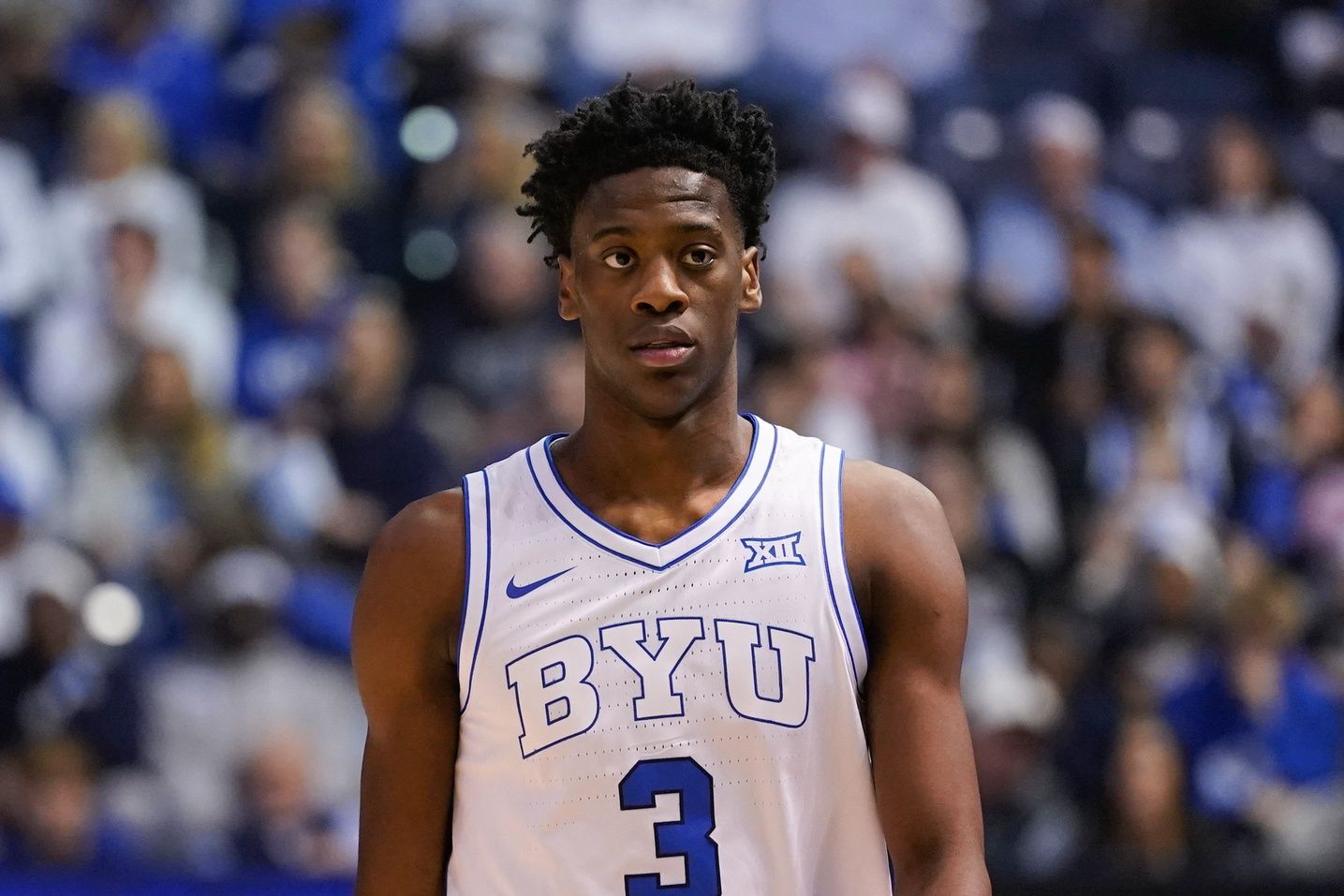 BYU Cougars forward AJ Dybantsa (3) looks on during the first half against the Texas Tech Red Raiders at Marriott Center.