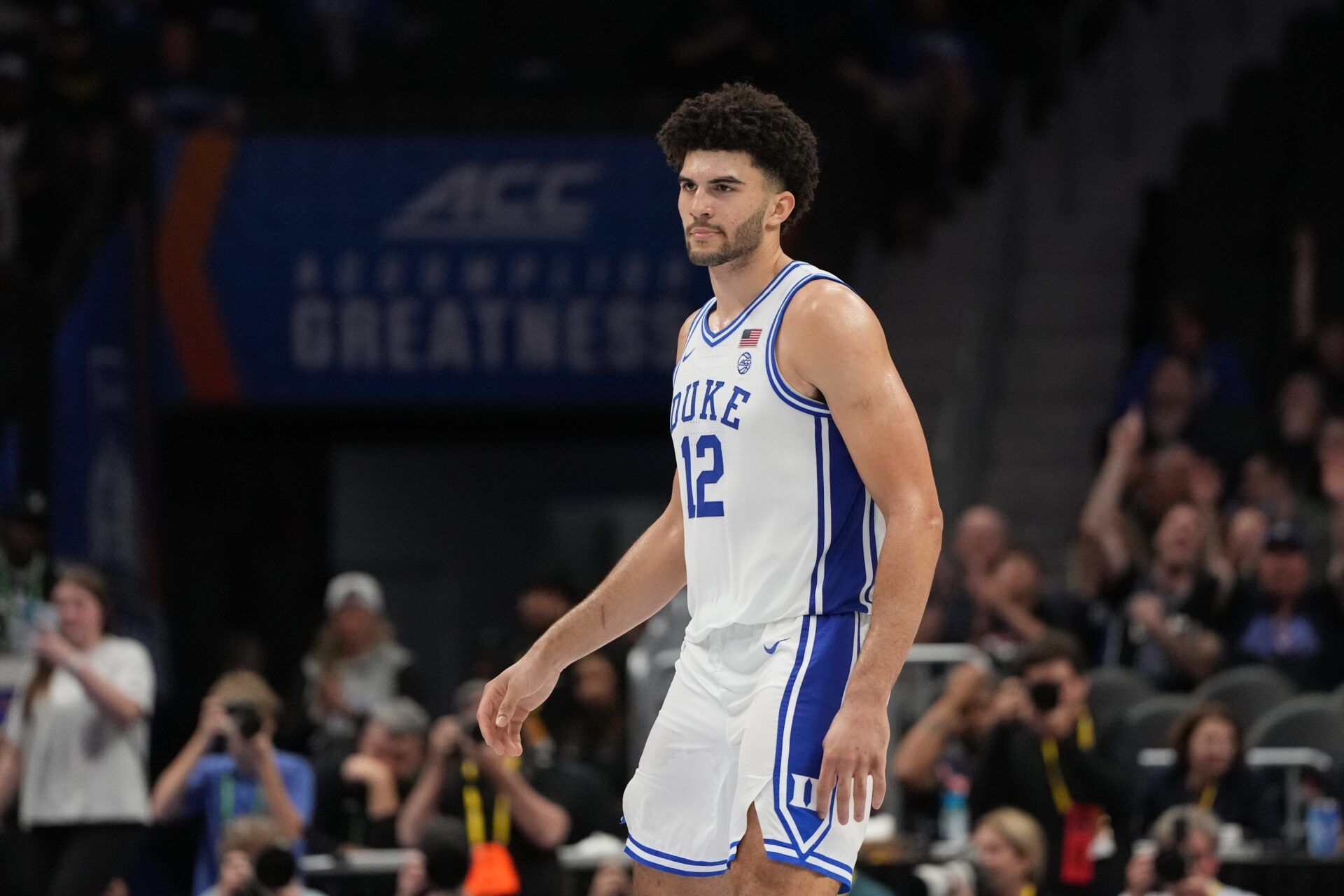 Duke Blue Devils forward Cameron Boozer (12) on the court in the second half at Spectrum Center.