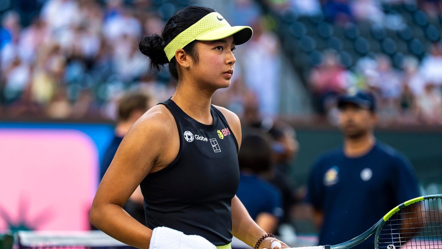 Alexandra Eala gets ready for her third-round match against Coco Gauff at the BNP Paribas Open in Indian Wells, Calif., Sunday, March 8, 2026.