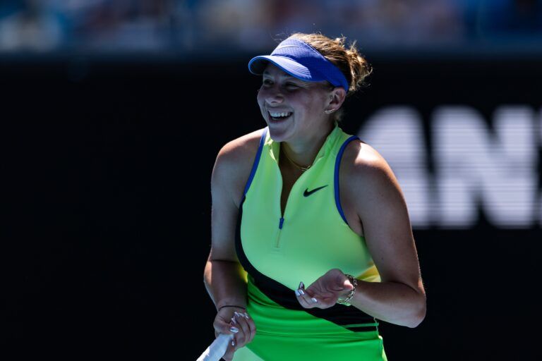 Amanda Anisimova of United States in action against Katerina Siniakova of Czech Republic in the second round of the women’s singles at the Australian Open at Margaret Court Arena in Melbourne Park.
