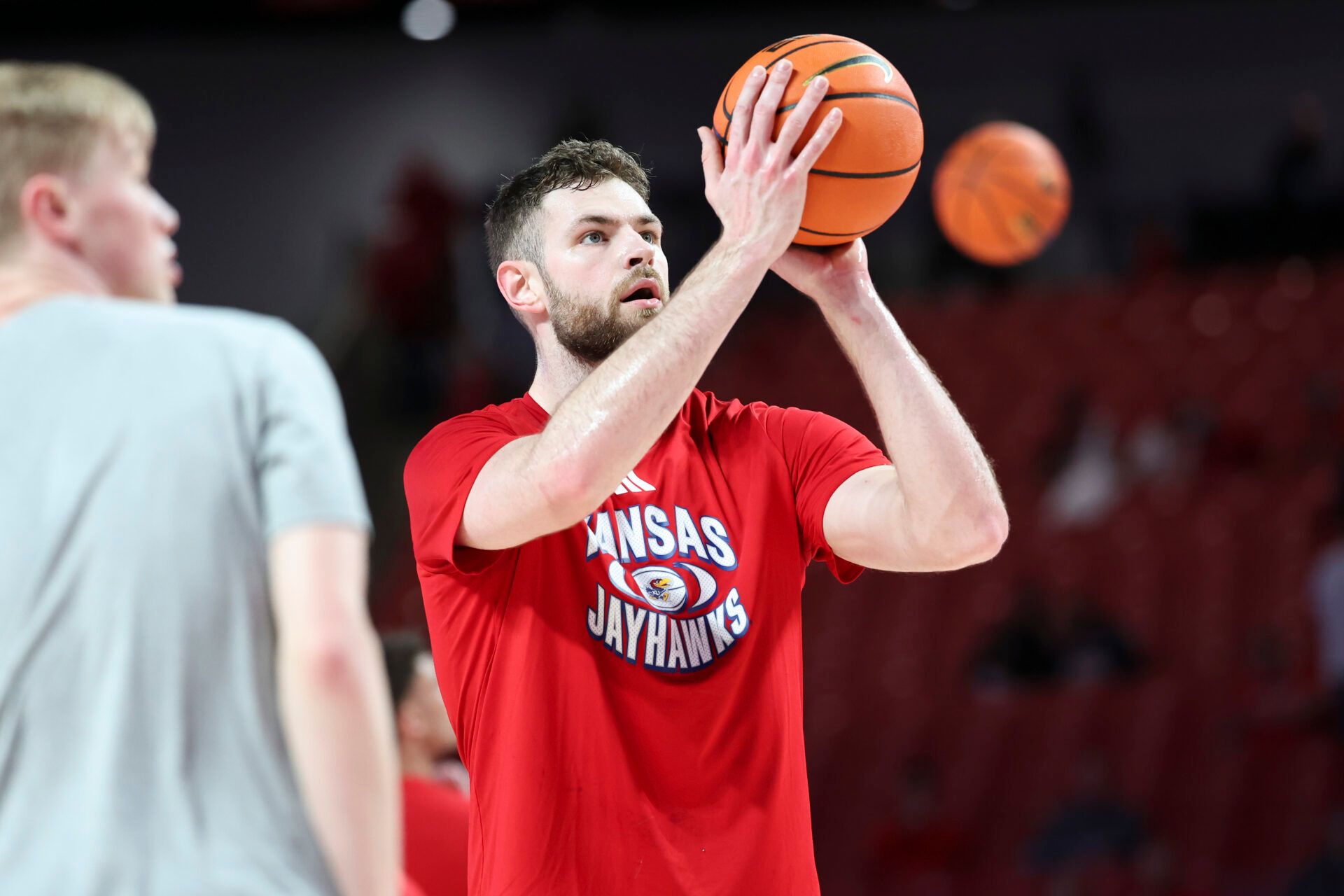 Kansas Jayhawks center Hunter Dickinson (1) warms up before the game against the Houston Cougars at Fertitta Center.