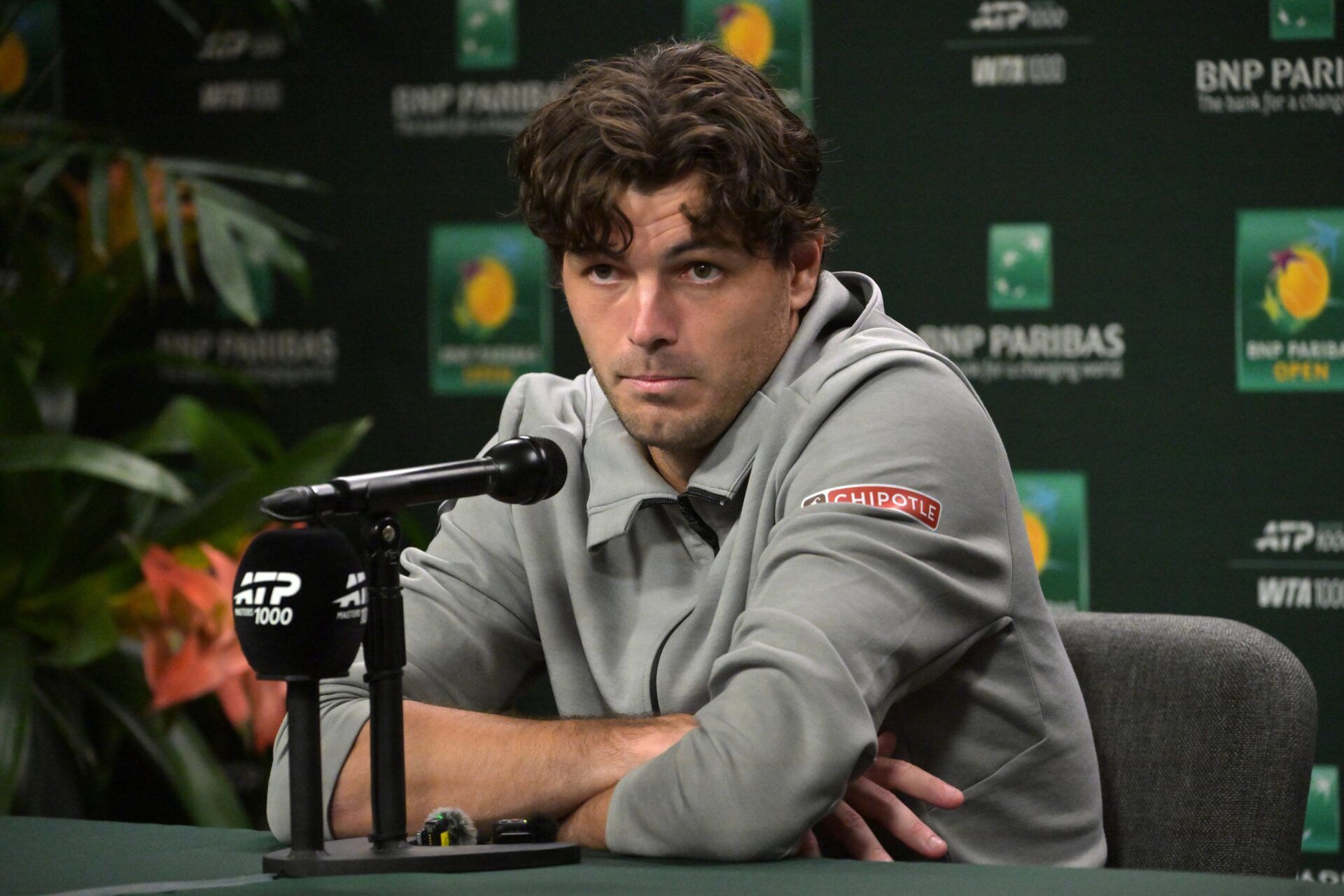 Taylor Fritz (USA) speaks to the media at a news conference during the BNP Paribas Open at the Indian Wells Tennis Garden.
