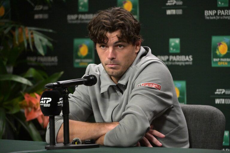 Taylor Fritz (USA) speaks to the media at a news conference during the BNP Paribas Open at the Indian Wells Tennis Garden.