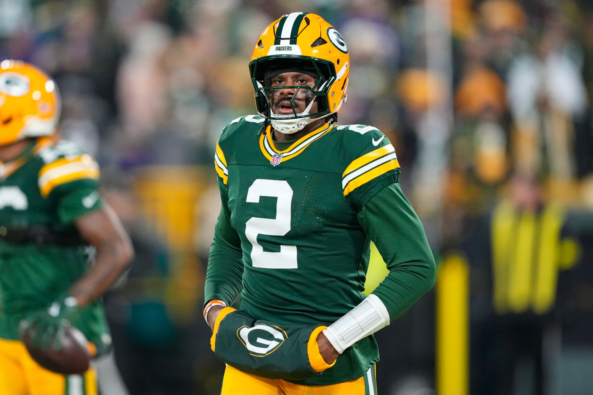 Green Bay Packers quarterback Malik Willis (2) during warmups prior to the game against the Baltimore Ravens at Lambeau Field.