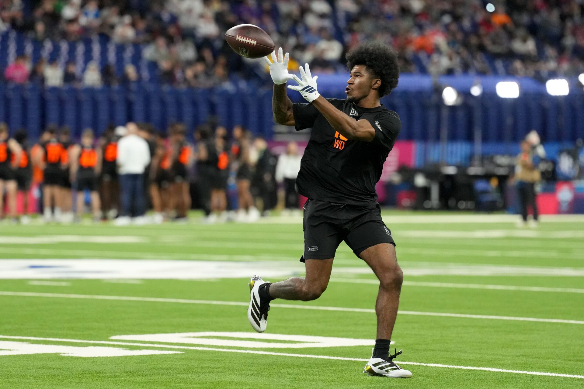 Texas A&M wideout KC Concepcion (WO16) during the NFL Scouting Combine at Lucas Oil Stadium.