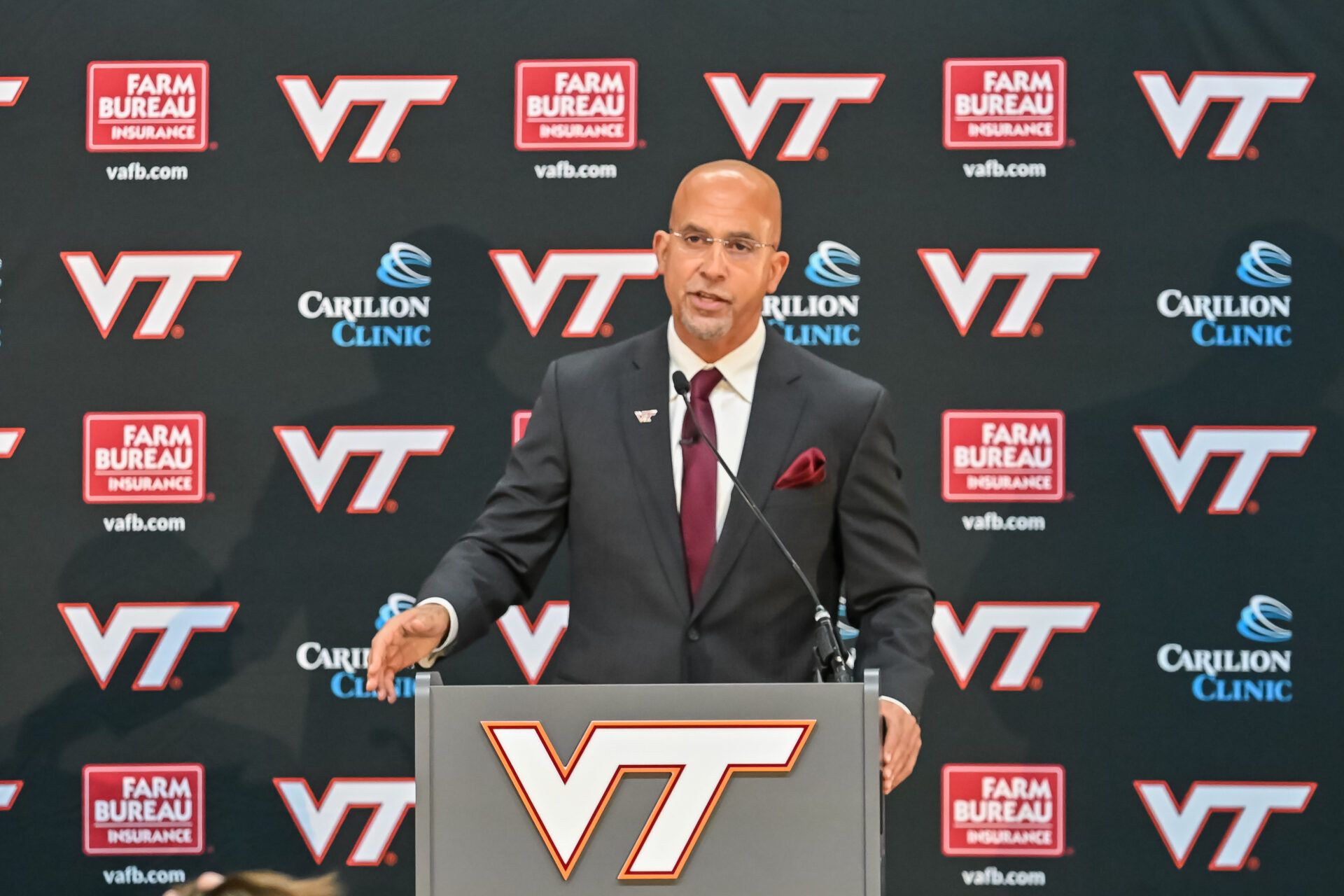 Virgiia Tech head coach James Franklin speaks at the conference at Cassell Coliseum.