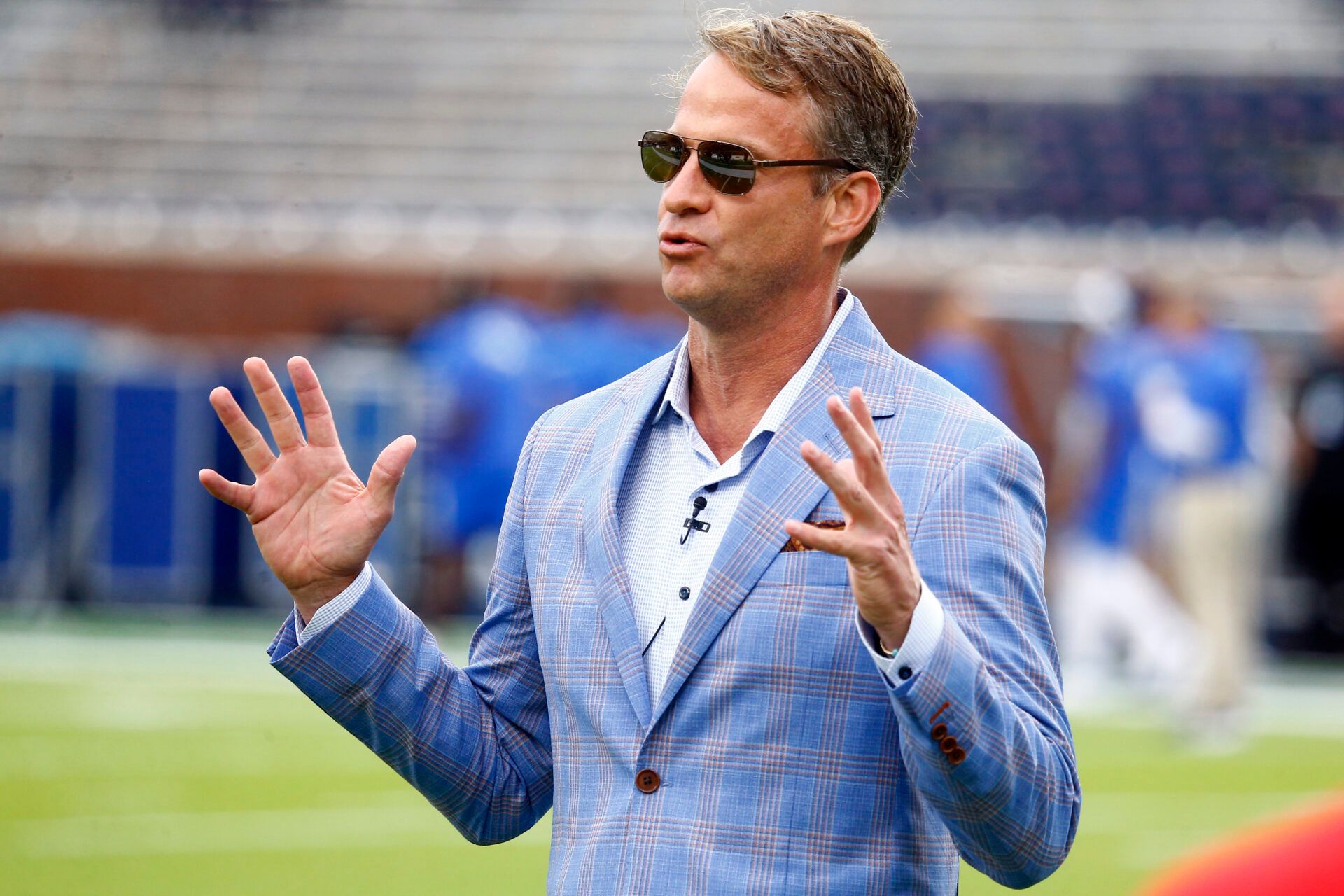 Mississippi Rebels head coach Lane Kiffin interviews prior to the game against the Kentucky Wildcats at Vaught-Hemingway Stadium.