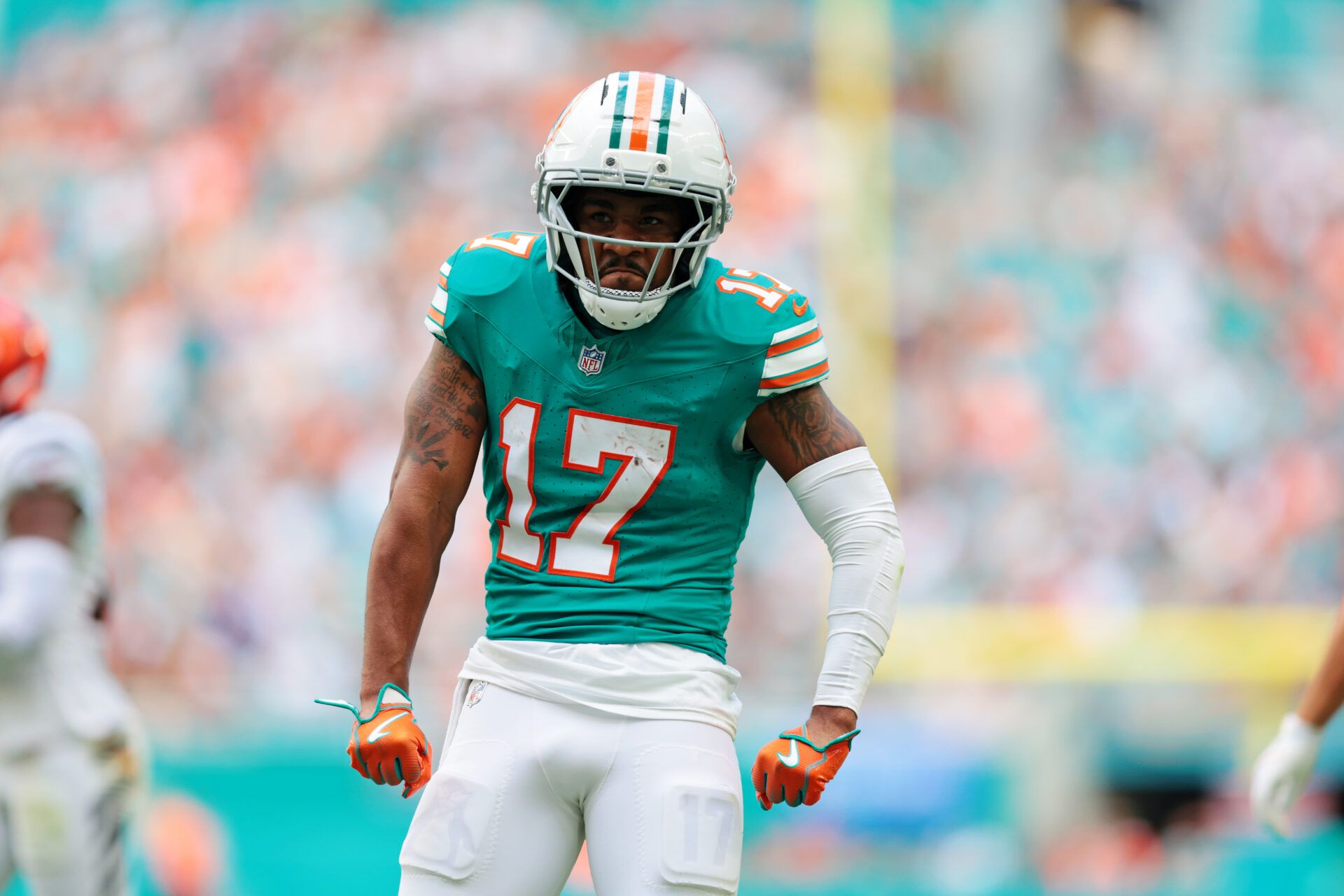 Miami Dolphins wide receiver Jaylen Waddle (17) reacts during the second quarter against the Cincinnati Bengals at Hard Rock Stadium.